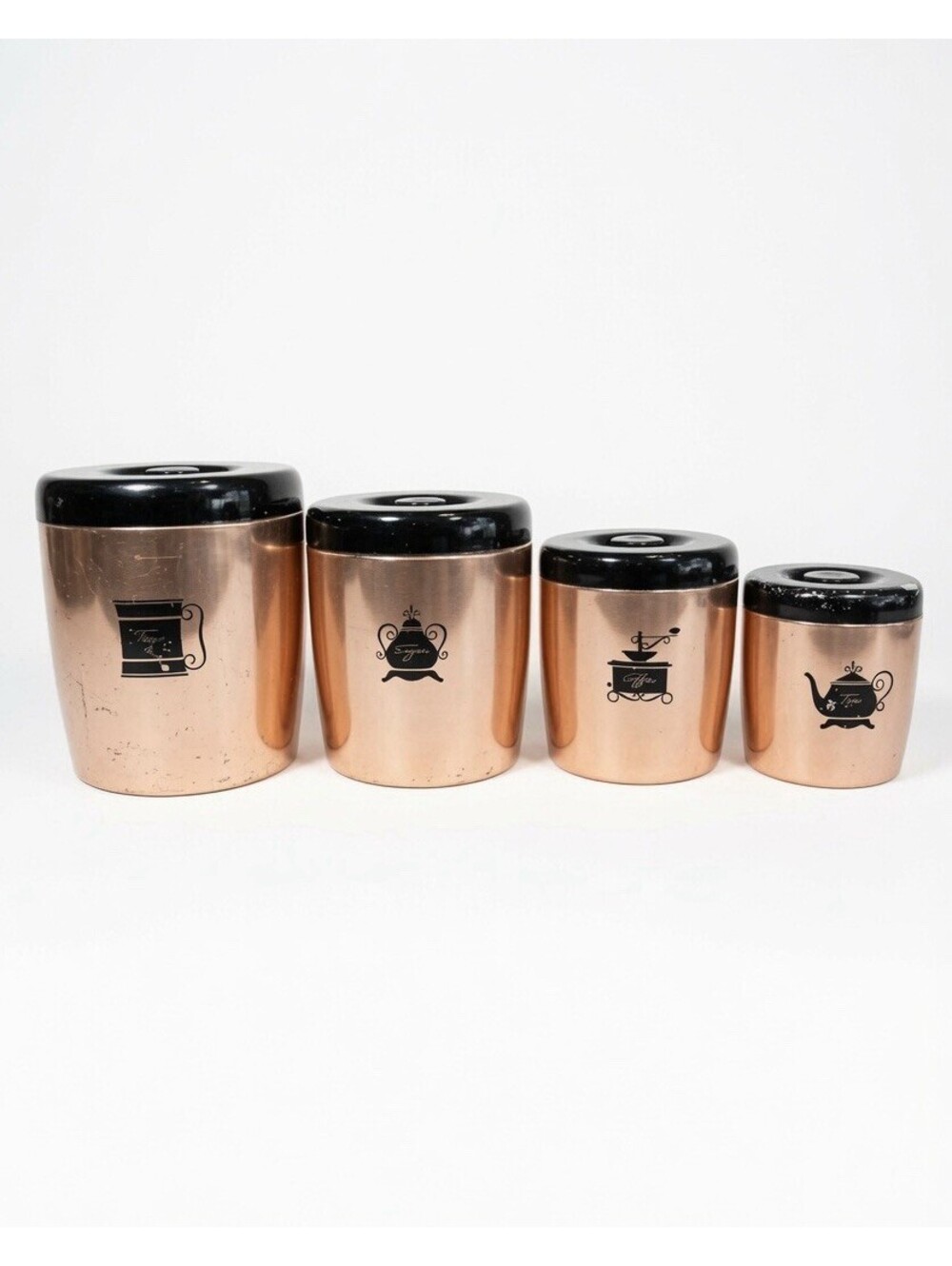 VTG 4 West Bend Copper Color Aluminum Kitchen Nesting Canisters w/Black Lids USA